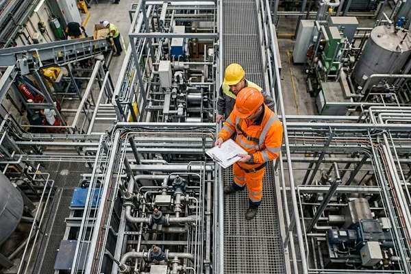 Inspectors reviewing pipework and plant access routes with a clipboard during a site inspection