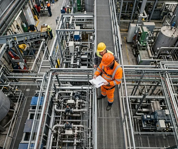 Inspectors reviewing pipework and plant access routes with a clipboard during a site inspection